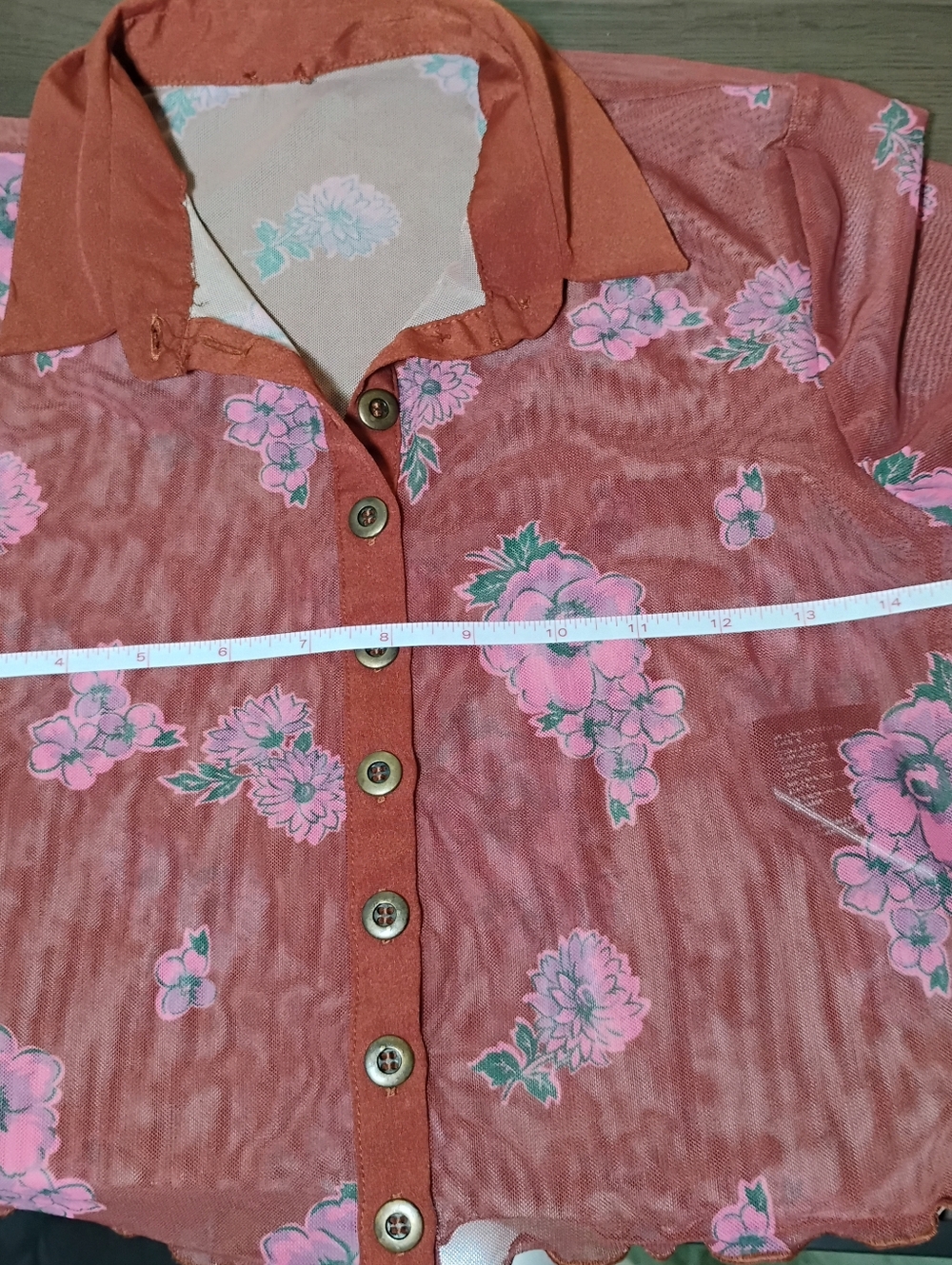 Free People Sheer Rust Button-Up Top with Pink Floral Print - Picture 6 of 9